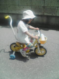 補助輪付き自転車に乗る脳性まひ児